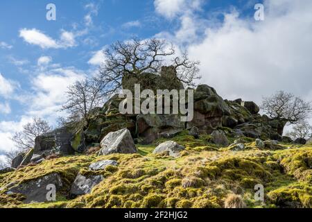 La voie calcaire de la foulée de Robin Hood formation de roches dans le Derbyshire Dales, parc national de Peak District. Banque D'Images