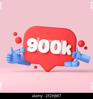 900 mille abonnés bannière de médias sociaux pouces vers le haut. Rendu 3D Banque D'Images