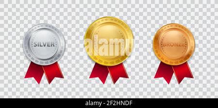 Médaille d'or 3D Champion réaliste avec illustration vectorielle rouge en ruban Banque D'Images
