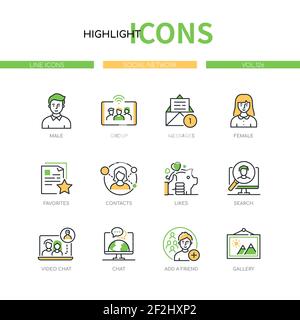 Réseau social - jeu d'icônes de style de design de ligne. Marketing et communication numériques. Utilisateurs masculins et féminins, groupe, messages, favoris, contacts, l Illustration de Vecteur