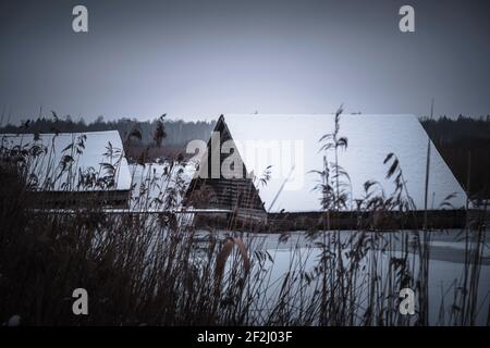 Boathouse, Federsee, Bad Buchau, hiver, Alb souabe, Bade-Wurtemberg, Allemagne, Europe Banque D'Images
