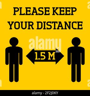Veuillez garder votre distance. Illustration du signe vecteur de distance sociale en jaune et noir. Illustration de Vecteur