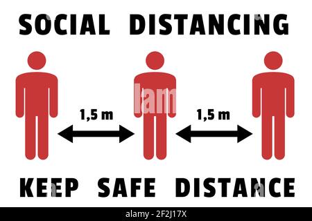 Signe de vecteur de distance sociale. Maintenir une distance de sécurité. Rouge, noir et blanc. Illustration de Vecteur