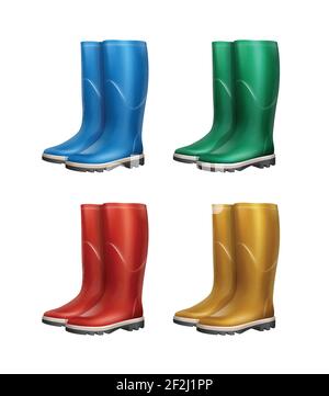 Ensemble vectoriel de bottes en caoutchouc bleu, rouge, vert et jaune isolées sur fond blanc Illustration de Vecteur