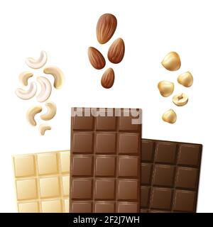 Vector différentes barres de chocolat blanc, lait et amer avec noix de cajou, amande, noisettes vue de face isolée sur fond blanc Illustration de Vecteur