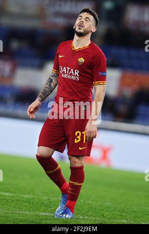 Carles Perez de Roma réagit lors de l'UEFA Europa League, ronde de 32, match de football de la 1ère jambe entre AS Roma et KAA Gent le 20 février 2020 au Stadio Olimpico à Rome, Italie - photo Federico Proietti / DPPI Banque D'Images