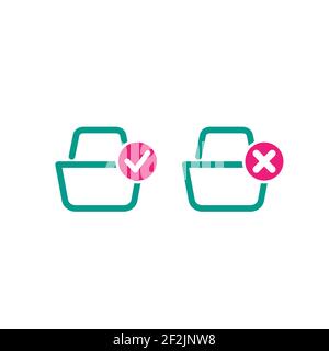 Panier bleu avec coche et croix de suppression. Icônes simples isolées sur fond blanc. Ranger le chariot avec les roues. Rapport d'illustration du vecteur plat Illustration de Vecteur