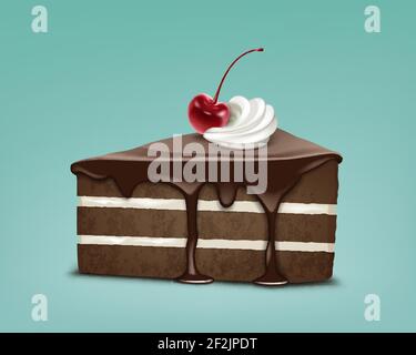 Morceau de gâteau au chocolat avec glaçage, crème fouettée et cerise de maraschino isolé sur fond bleu Illustration de Vecteur