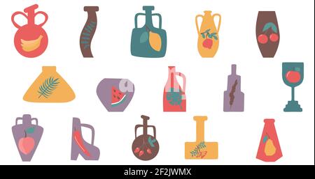 Vases colorés décorés avec des fruits et des keaves ensemble vecteur isolé illustration Illustration de Vecteur