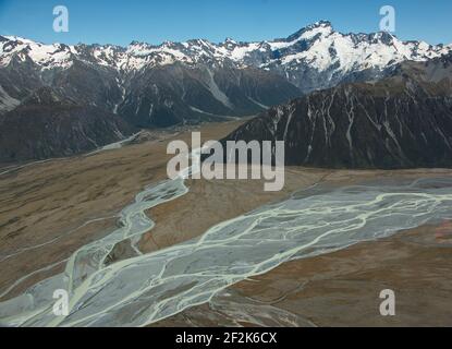 Vue aérienne de Hooker Valley dans le parc national de Mount Cook Sur l'île du Sud de la Nouvelle-Zélande Banque D'Images