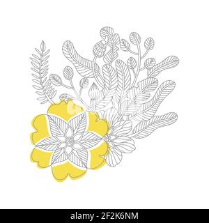 Outline doodle fleurs dans les couleurs tendance pour 2021, ultime gris et éclairant, page adultes coloriage livres, monocrome motif floral vectoriel. Illustration de Vecteur