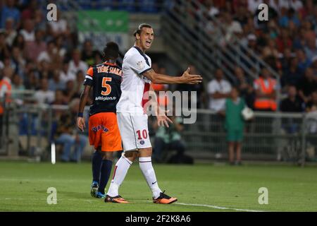 Football - Championnat de France 2013/2014 - L1 - Montpellier HSC / Paris Saint Germain le 09 août 2013 à Montpellier, France - photo Manuel Blondau / AOP Press / DPPI - Zlatan Ibrahimovic de Paris Saint Germain réagit Banque D'Images