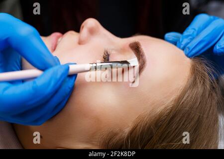 Femme avec tatouage de maquillage permanent sur ses sourcils. Une esthéticienne en gros plan crée un croquis des sourcils. Maquillage professionnel et soins cosmétiques pour la peau. Banque D'Images