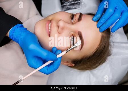 Femme avec tatouage de maquillage permanent sur ses sourcils. Une esthéticienne en gros plan crée un croquis des sourcils. Maquillage professionnel et soins cosmétiques pour la peau. Banque D'Images