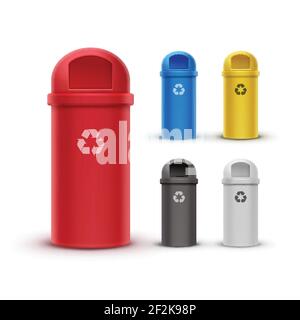 Ensemble vectoriel de bacs de recyclage rouge, jaune, bleu, blanc et noir pour le tri des déchets Illustration de Vecteur