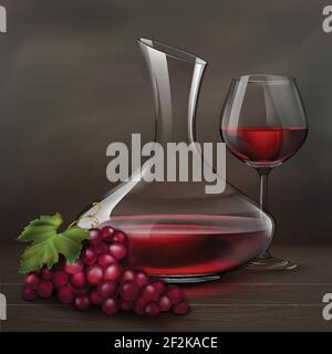 Illustration vectorielle. Verre de vin rouge à côté de la carafe et bouquet de raisins sur table en bois Illustration de Vecteur