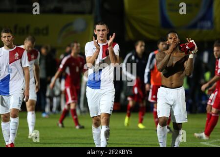 Football - coupe du monde de la FIFA 2014 - Groupe qualifiant D - Andorre / pays-Bas le 10 septembre 2013 à Andorre la Vella, Andorre - photo Manuel Blondau / AOP Press / DPPI - Stefan de Vriij (C) et ses coéquipiers célèbrent à la fin du match Banque D'Images