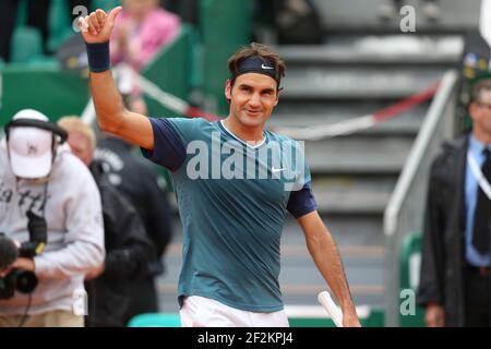 Roger Federer, de Suisse, célèbre sa victoire lors des ATP Monte-Carlo Rolex Masters 2014, Monaco, le 16 avril 2014. Photo Manuel Blondau / AOP PRESSE / DPPI Banque D'Images