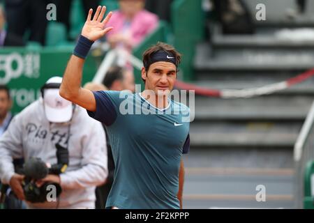 Roger Federer, de Suisse, célèbre sa victoire lors des ATP Monte-Carlo Rolex Masters 2014, Monaco, le 16 avril 2014. Photo Manuel Blondau / AOP PRESSE / DPPI Banque D'Images