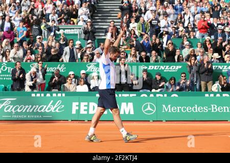 Stanislas Wawrinka de Suisse célèbre après avoir remporté la finale lors du ATP Monte-Carlo Rolex Masters 2014, Monaco, le 20 avril 2014. Photo Manuel Blondau / AOP PRESSE / DPPI Banque D'Images
