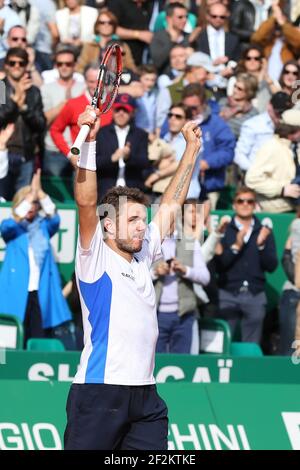Stanislas Wawrinka de Suisse célèbre après avoir remporté la finale lors du ATP Monte-Carlo Rolex Masters 2014, Monaco, le 20 avril 2014. Photo Manuel Blondau / AOP PRESSE / DPPI Banque D'Images