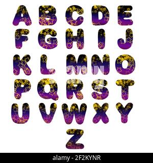 L'alphabet anglais avec des étoiles jaunes sur fond dégradé dans noir et violet pour le design et l'enseignement des enfants Banque D'Images