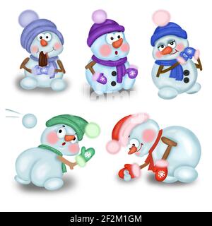 Le joli bonhomme de neige dans un foulard à chapeau et des moufles avec différentes émotions sur fond blanc Banque D'Images