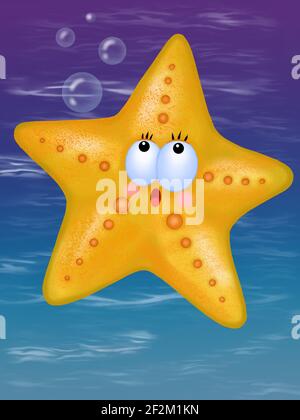 Une étoile de mer jaune gaie avec les yeux nage dans l'océan sur fond bleu Banque D'Images