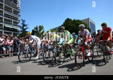 Romain Bardet de France circonscription pour AG2R la Mondiale, Vincenzo Nibali d'Italie circonscription pour Astana Pro Team, Peter Sagan de Slovaquie circonscription pour Cannondale et Joaquim Rodriguez d'Espagne circonscription pour Team Katusha (de L à R) sont photographiés sur la ligne de départ pendant le Tour de France, UCI World Tour 2014, Stage 11, Besançon - Oyonnax (187,5 km), le 16 juillet 2014 - photo Manuel Blondeau / AOP Press / DPPI Banque D'Images