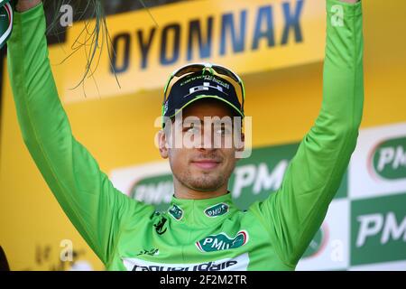 Peter Sagan, de Slovaquie, la circonscription de Cannondale célèbre son maillot vert sur le podium lors du Tour de France, UCI World Tour 2014, Stage 11, Besançon - Oyonnax (187,5 km), le 16 juillet 2014 - photo Manuel Blondau / AOP Press / DPPI Banque D'Images