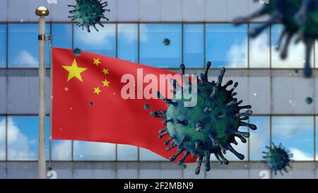Illustration 3D drapeau chinois agitant sur la ville moderne de gratte-ciel avec le coronavirus 2019 nCov. Belle tour haute et épidémie asiatique en Chine. Microscope Banque D'Images