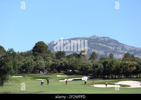 Vue générale du 17ème trou du terrain de golf au Real Club de Golf El Prat pendant l'Open d'Espagne 2015 au Real Club de Golf El Prat, à Terrassa, Barcelone, Espagne, les 14 et 17 mai, 2015. Photo Manuel Blondau / AOP PRESSE / DPPI Banque D'Images