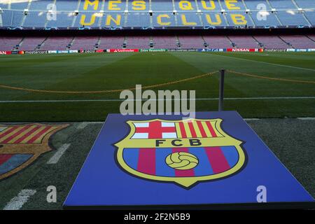 Le logo du FC Barcelona est visible avant le match de football du groupe B de l'UEFA Champions League entre le FC Barcelone et le FC Internazionale le 24 octobre 2018 au stade Camp Nou à Barcelone, Espagne - photo Manuel Blondau / AOP Press / DPPI Banque D'Images