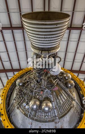 Le moteur J-2 de Rocketdyne à la troisième étape de la fusée Saturn V au centre spatial Johnson de la NASA à Houston Banque D'Images
