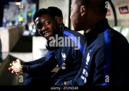 Le défenseur français Layvin Kurzawa, l'avant-projet français Ousmane Dembele et l'avant-projet français Kylian Mbappe parlent avant le match de qualification de la coupe du monde de la FIFA 2018, groupe A, entre le Luxembourg et la France le 25 mars 2017 au stade Josy Barthel à Luxembourg - photo Benjamin Cremel / DPPI Banque D'Images