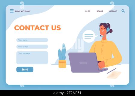 Contactez-nous page d'accueil. Service client sur site Web, opérateur féminin avec ordinateur portable et formulaire de commentaires par e-mail. Modèle de scénario de centre d'appels en ligne Illustration de Vecteur