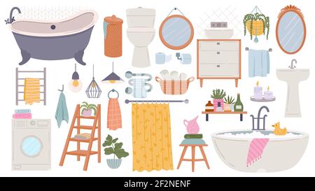 Mobilier de salle de bains. Baignoire scandinave moderne, lavabo et toilettes. Éléments intérieurs de bain en hygge plat, serviettes, miroirs et lave-linge, ensemble vectoriel Illustration de Vecteur