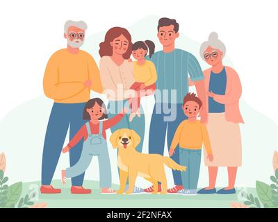 Grande famille. Parents heureux, enfants, grand-mère et grand-père. Papa, maman, enfants et chien souriants. Portrait vectoriel de trois générations Illustration de Vecteur