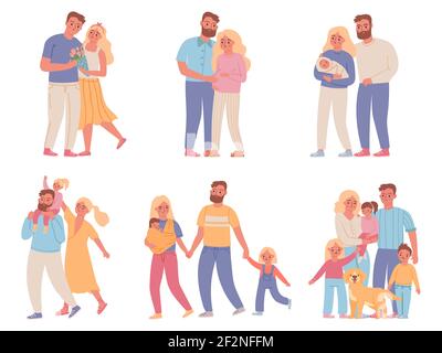 Étapes familiales. Amour relation de couple, mariage, femme enceinte, parents et nouveau-né bébé, maman, papa et enfant. Ensemble de vecteurs de développement familial Illustration de Vecteur