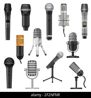 Microphones de studio de dessin animé. Équipement d'enregistrement audio de diffusion, voix et musique. Kit de microphone karaoké et de microphone radio vintage à vecteur plat Illustration de Vecteur
