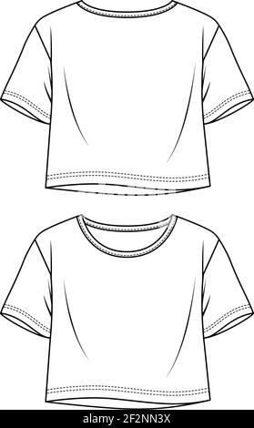 Modèle de dessin plat tendance Fare Jersey Crop Top pour femme. T-shirt à manches courtes pour filles Illustration technique de la mode. Tee-shirt Relax Fit Illustration de Vecteur