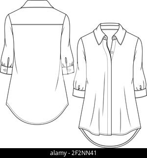 Chemisier pour femmes, modèle à dessin mode sans pinces. Illustration technique de la mode. Chemise longueur tunique pour fille. Patte cachée Illustration de Vecteur