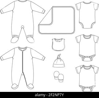 Ensemble d'éléments de vêtements pour bébés Vector. Modèle de body à dessin plat mode pour bébé Layette. Illustration technique de la mode. Un bonnet de pyjama Illustration de Vecteur