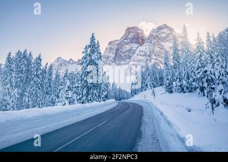 Vallée de Fiorentina, route à travers la forêt enneigée, en arrière-plan le monte pelmo. Cadore, dolomites, selva di cadore, belluno, vénétie, italie Banque D'Images