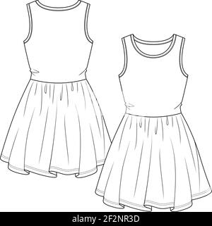 Girls Sleeveless Summer robe modèle de mode à dessin plat. Teen Knit robe technique de mode Illustration. Illustration de Vecteur