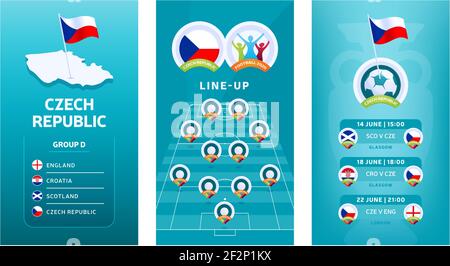 Bandeau vertical football européen 2020 pour les médias sociaux. Bannière du groupe D de la République tchèque avec carte isométrique, drapeau à broche, programme de match et alignement Illustration de Vecteur