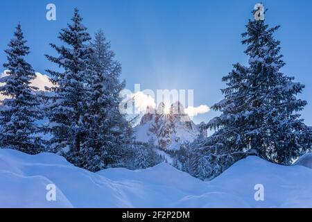 Italie, Vénétie, province de Belluno, Auronzo di Cadore. Le soleil se lève entre Cadin della Neve et Cadin di Misurina dans un paysage hivernal avec des sapins enneigés, Cadini di Misurina, Dolomites Banque D'Images