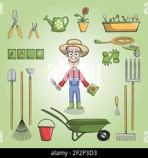 Jardinier heureux personnage dans hat avec des plantes semences et outils set vector illustration Illustration de Vecteur