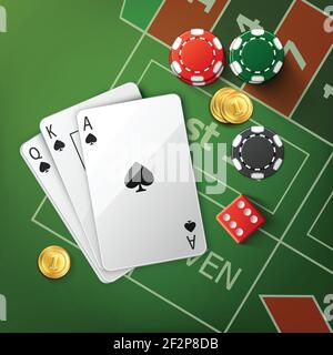 Table de poker Vector Green avec cartes à jouer, dés rouges, pièces d'or et piles de jetons de casino vue du dessus Illustration de Vecteur