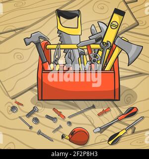 Boîte à outils de menuisier avec marteau tournevis à cliquet et d'instruments à main éparpillées sur un fond de bois vector illustration Illustration de Vecteur